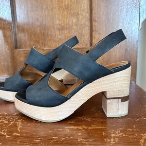 Cocolico Varick Platform Leather and Wood Sandals.  Limited puzzle wood series